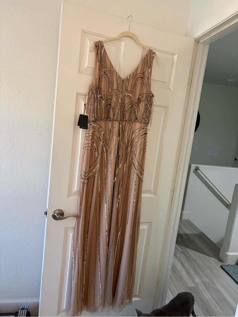 Adrianna Papell Pink Champagne Beaded V-Neck evening gown - Picture 5 of 7